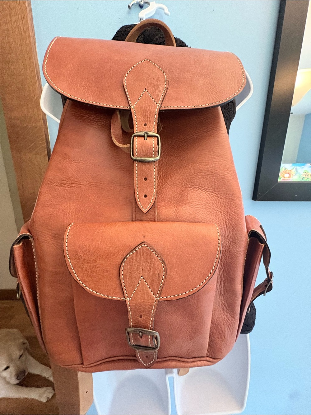 Classic Light Brown Leather Backpack with Front Flap and Buckles 15” x 12”